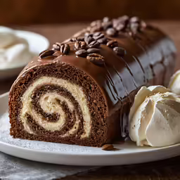 a chocolate roll sitting on top of a white plate