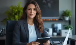 a woman sits at a desk using a tablet