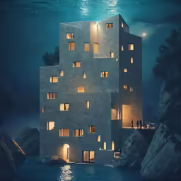 a group of people in front of an building by the ocean at night