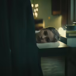 a woman laying on a pillow in a darkened room