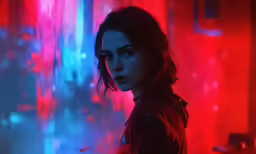 a young lady with a long black hair standing in front of a neon wall