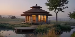 the gazebo and dock are located next to a lake