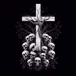 skulls and a cross in front of a tree