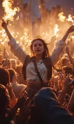 a woman in white shirt and brown tie holding lit sparklers