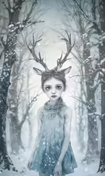a young girl in the woods with her deer head and horns on
