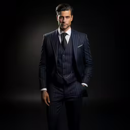 a young man wearing a black and white striped suit,a young man in a pinstripe suit posing for a picture