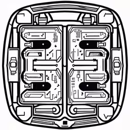 a detailed image of the inside of a computer,the inside of a diagram with multiple parts,the top half of a computer cpu is black and white,black and white drawing of a square, intricately shaped object,a black and white drawing with words on it