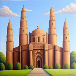 a painting of a large, tall building with spires,a painting with an orange castle on a wall