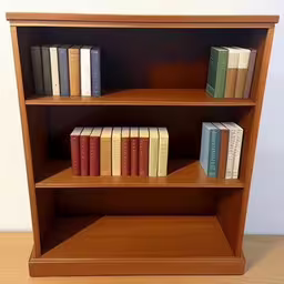 two books are sitting on top of a shelf,an image of a book shelf in a room,the books are lined up on the shelf,a book shelf full of books is shown,three brown bookshelves on a wood table