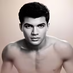 man with black hair and no shirt on posing