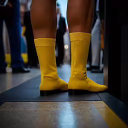 a person wearing yellow rain boots stands near an open door