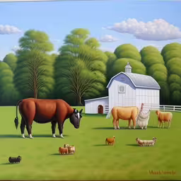 a painting with cows, sheep and rooster in a pasture,an oil painting of cows, sheep and sheep in a field