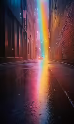 a rainbow street with several buildings and lights shining brightly
