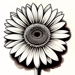 black and white drawing of a sunflower,an ink drawing of a sunflower with the petals pointing up