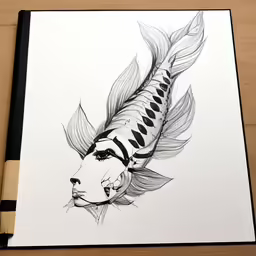 a pencil drawing of a fish with an artistic look on its face