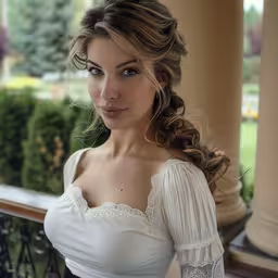 a beautiful woman sitting in a balcony with a white dress on,a woman is standing by some stairs