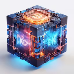 a cube made out of electronic components and surrounded by blue and red lights