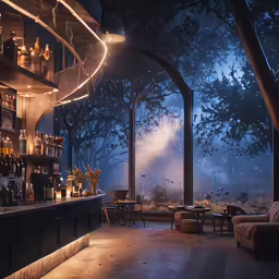 an outdoor bar with lots of bottles on the wall