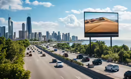traffic is backed up along an interstate with a large billboard on the side of it