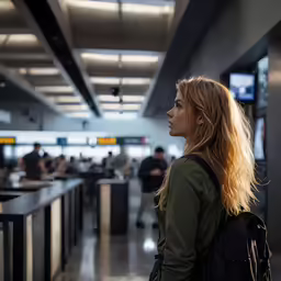 a woman is waiting for her bag to be taken away from the baggage claim area