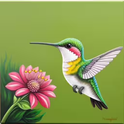 this painting depicts an adorable hummingbird eating flowers,a painting of a hummingbird and flower on a green background
