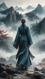 a woman dressed in blue is standing on a rocky mountain