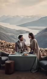 man and woman holding hands while seated at table overlooking mountain