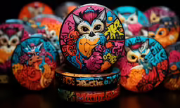 brightly colored owl magnets are piled up on a table