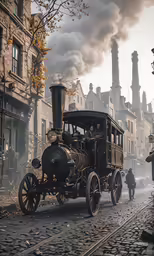there is a old steam locomotive pulling a cart