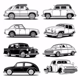 vintage cars in different sizes and shapes on a white background,car illustrations are a great example of vintage cars in black and white