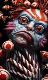the clown is wearing large eyes and candy