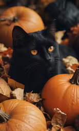 there is a black cat sitting amongst the leaves and pumpkins