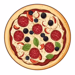 a drawing of a pizza with vegetables, sauce and cheese