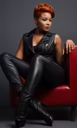 an orange haired woman wearing black pants, boots and leathers sits on a red chair