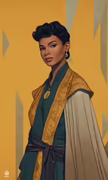 an african american woman is standing in front of a wall with yellow, gold, and blue colors