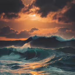 waves and dark clouds are in the sky