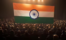 large indian flag hanging from the ceiling in an audience