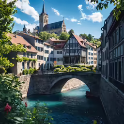 a river flows past several buildings in the countryside