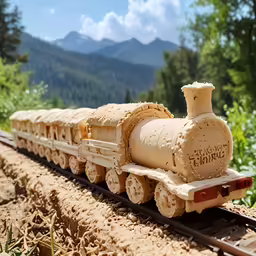 a toy train is shown sitting on some tracks