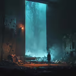 a man standing alone inside of a bombed out building
