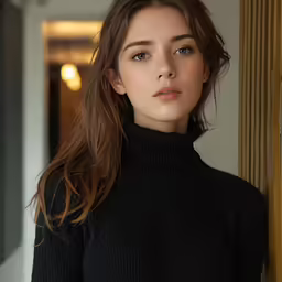 a close up of a young woman wearing a black turtle neck sweater