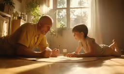 a father and daughter are lying down and writing on the floor