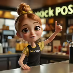 a little girl sitting at a counter in front of a fast food store