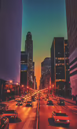 traffic travels through a city at dusk with tall buildings