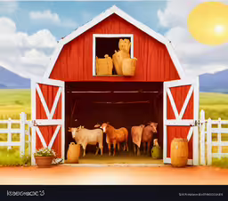 a painting of cows are in an open barn,a barn with a farm animals and a wine rack