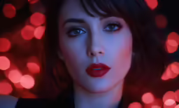 a woman wearing lipstick looks up against the camera