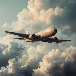 an airplane flies through the clouds on a cloudy day