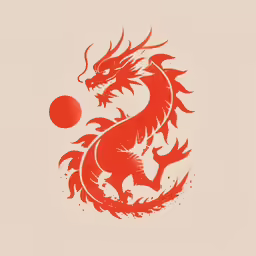 a dragon on the left side of the image and red ball in the middle