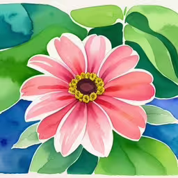 a painting of pink flower with green leaves,a close up of a flower on top of green leaves,a watercolor painting of a flower with leaves,a watercolor painting of a flower on green leaves,a flower with leaves and watercolor paints