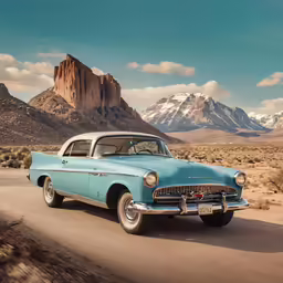 a old car driving through the desert with a mountain range in the background